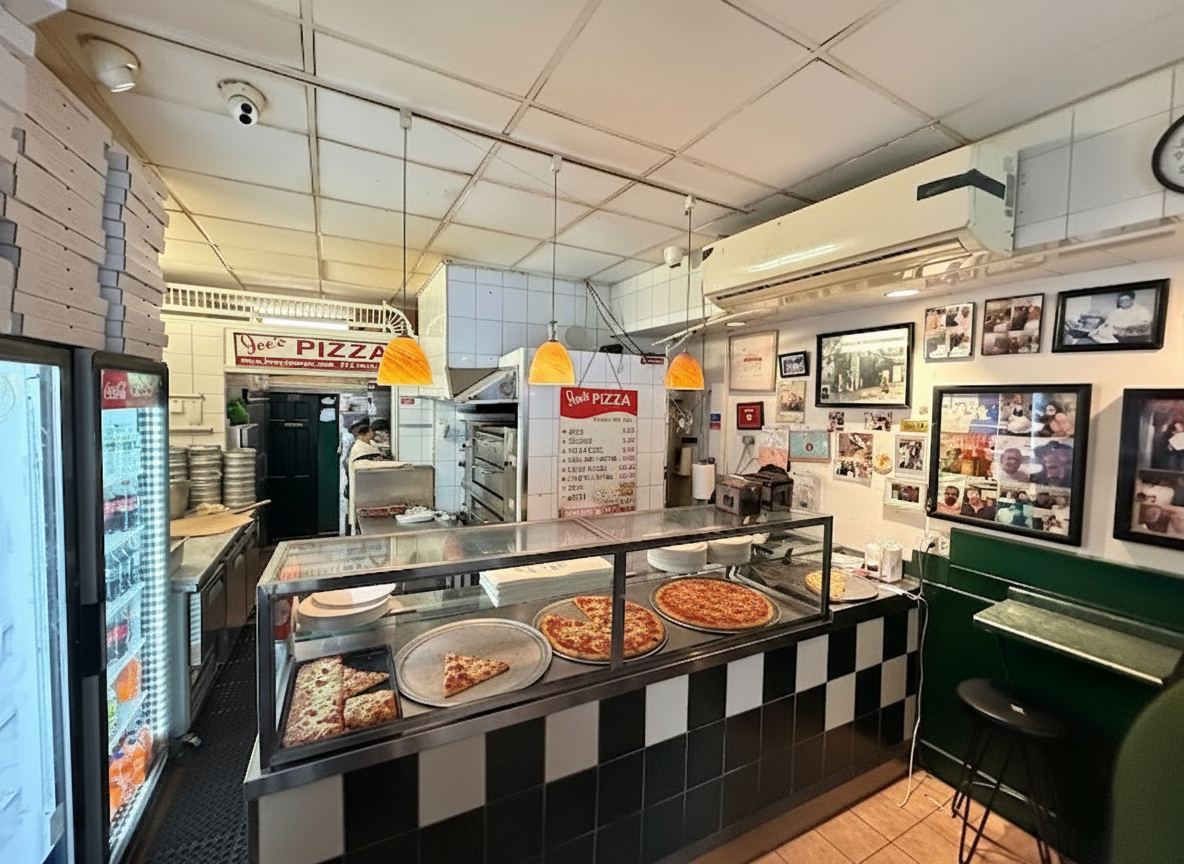 Inside Joe's Pizza — the original counter on Carmine Street
