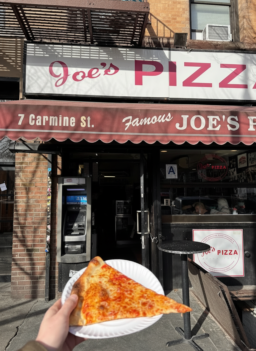 Joe's Pizza counter and menu board