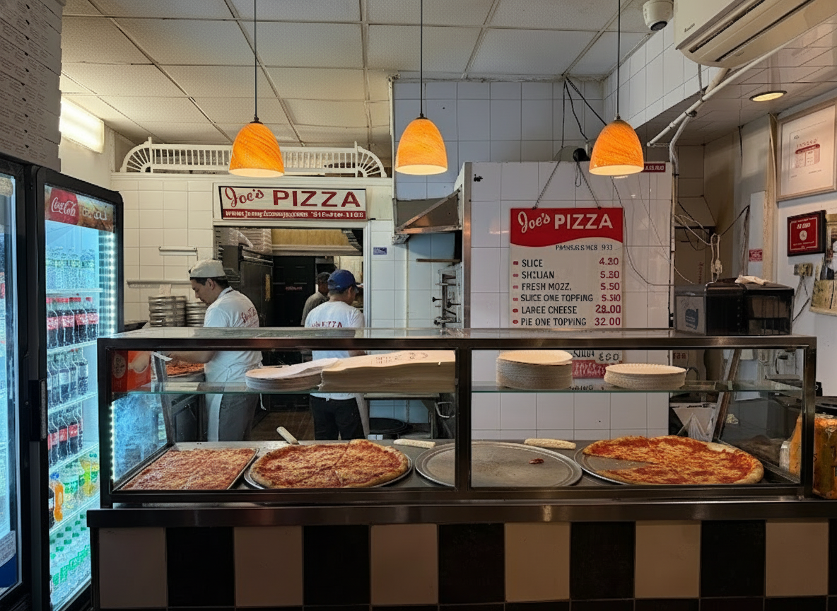 Joe's Pizza storefront on Carmine Street at night